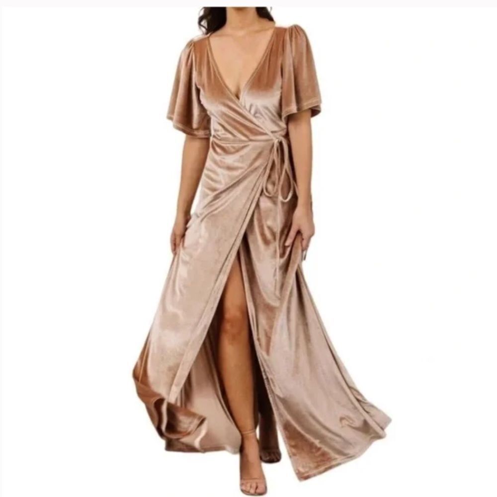 Baltic Born Champagne Velvet Wrap Maxi Dress Small Short Sleeve